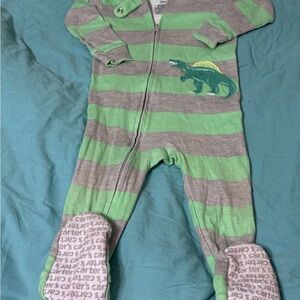 Carter's Green and Gray Striped Footie with Dinosaur